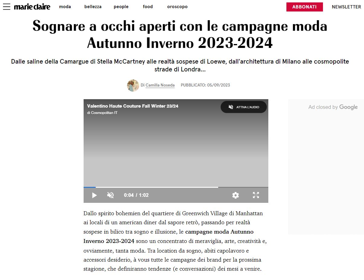 Articolo MarieClaire - DonnaOro Elements - campagne moda autunno inverno 2023 - 2024